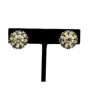 Vintage Joseph Mazer JOMAZ Signed Glam Style Floral Rhinestone Clip Earrings
